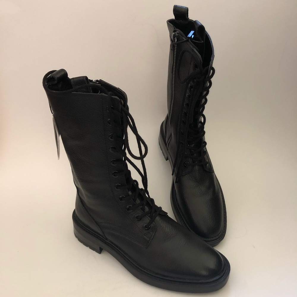 Zara Black Leather Combat Boots Side Zip 9” 37 New